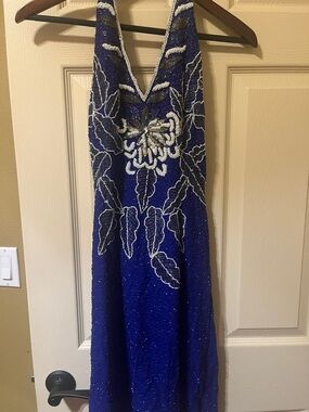 Royal Blue Beaded V-Neck Prom Dress